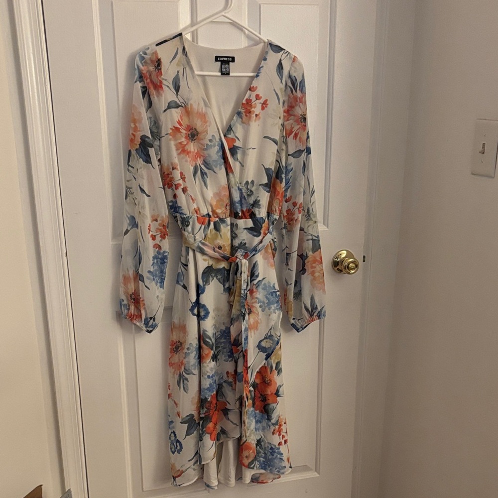 Express Floral Wrap Dress - White, Blue, and Orange